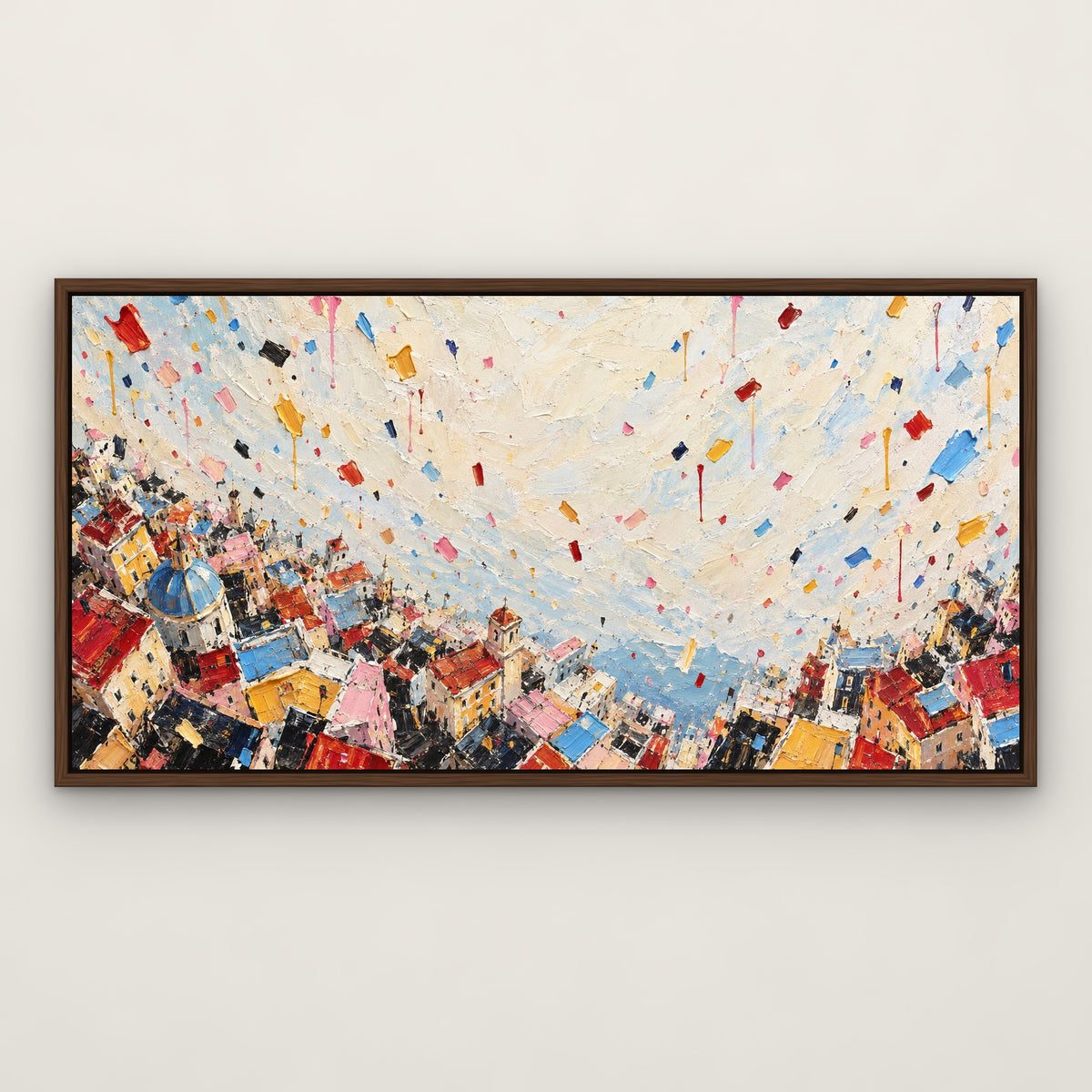 Confetti Skyline Drip, colourful abstract hand-painted canvas wall art in a slim walnut float frame – Gallery 23
