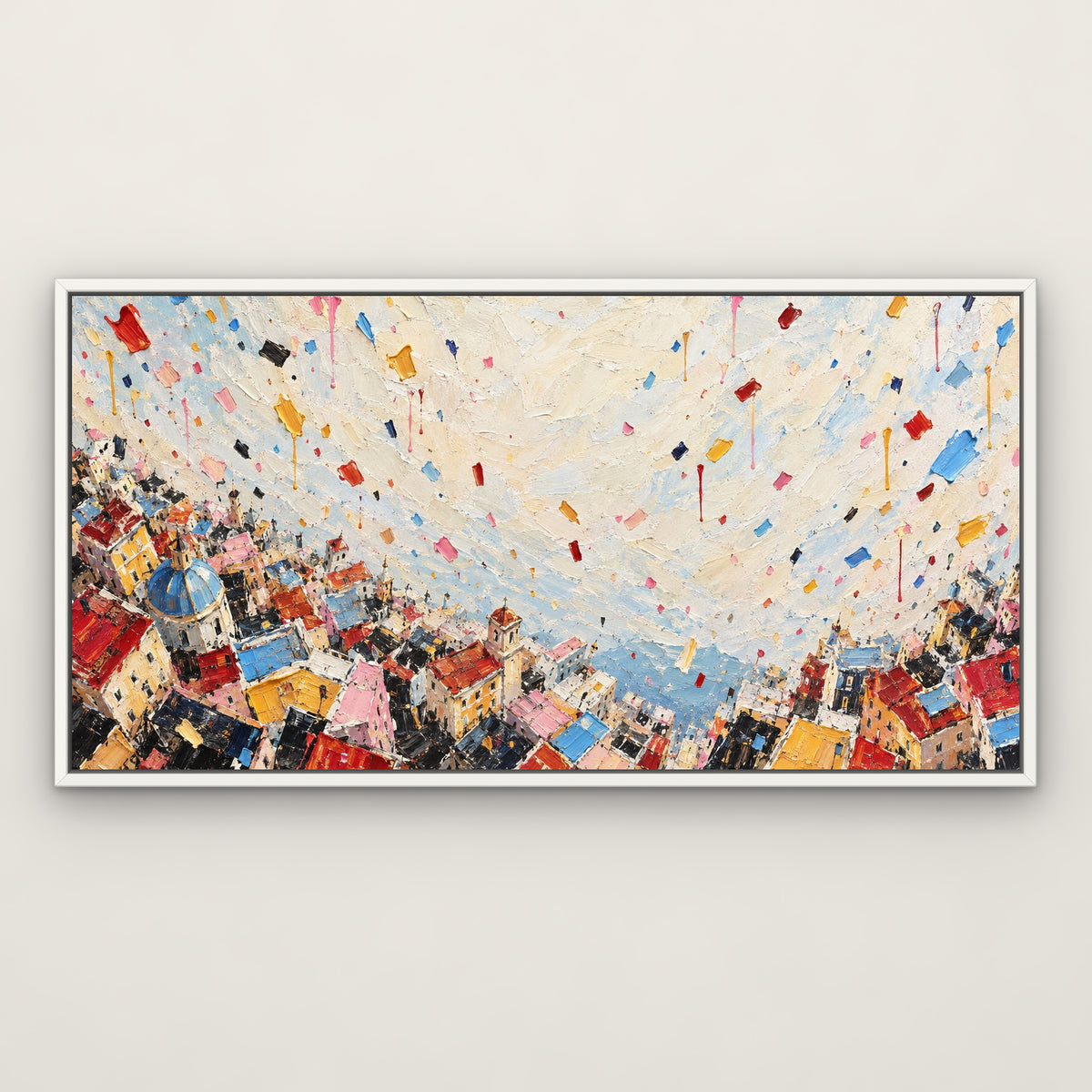 Confetti Skyline Drip, colourful abstract hand-painted canvas wall art in a slim white float frame – Gallery 23