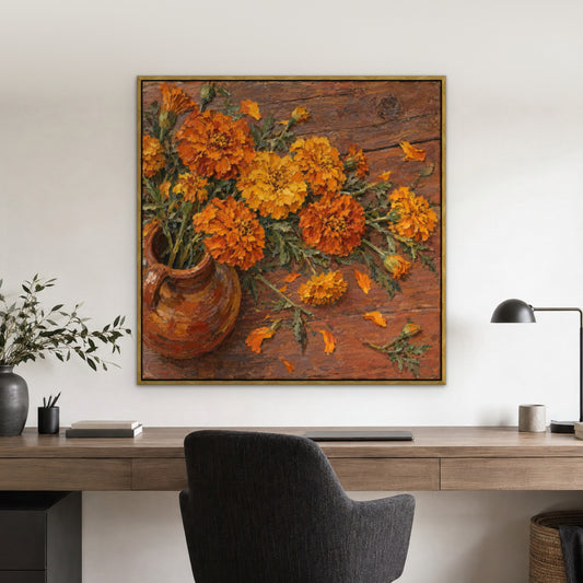 Marigold Jug, colourful floral hand-painted canvas wall art in a home office – Gallery 23