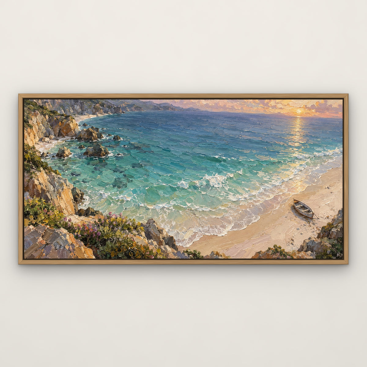 Turquoise Bay Shore, blue seascape hand-painted canvas wall art in a slim oak float frame – Gallery 23