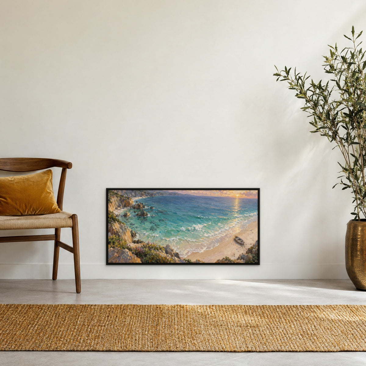 Turquoise Bay Shore, blue seascape hand-painted canvas wall art in a hallway – Gallery 23