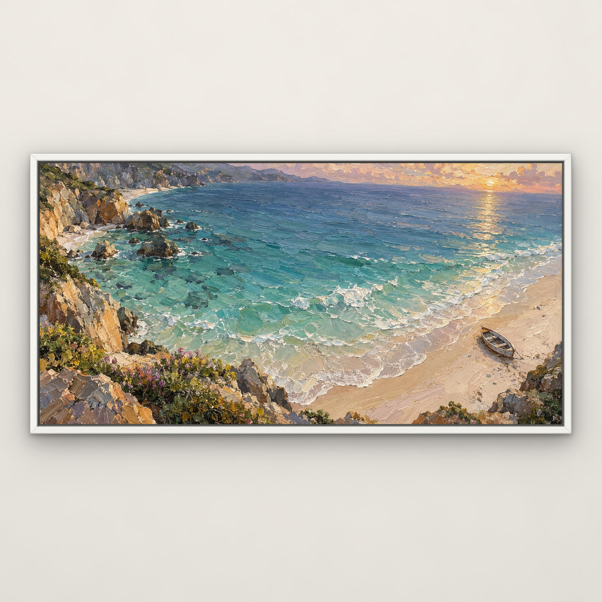 Turquoise Bay Shore, blue seascape hand-painted canvas wall art in a slim white float frame – Gallery 23