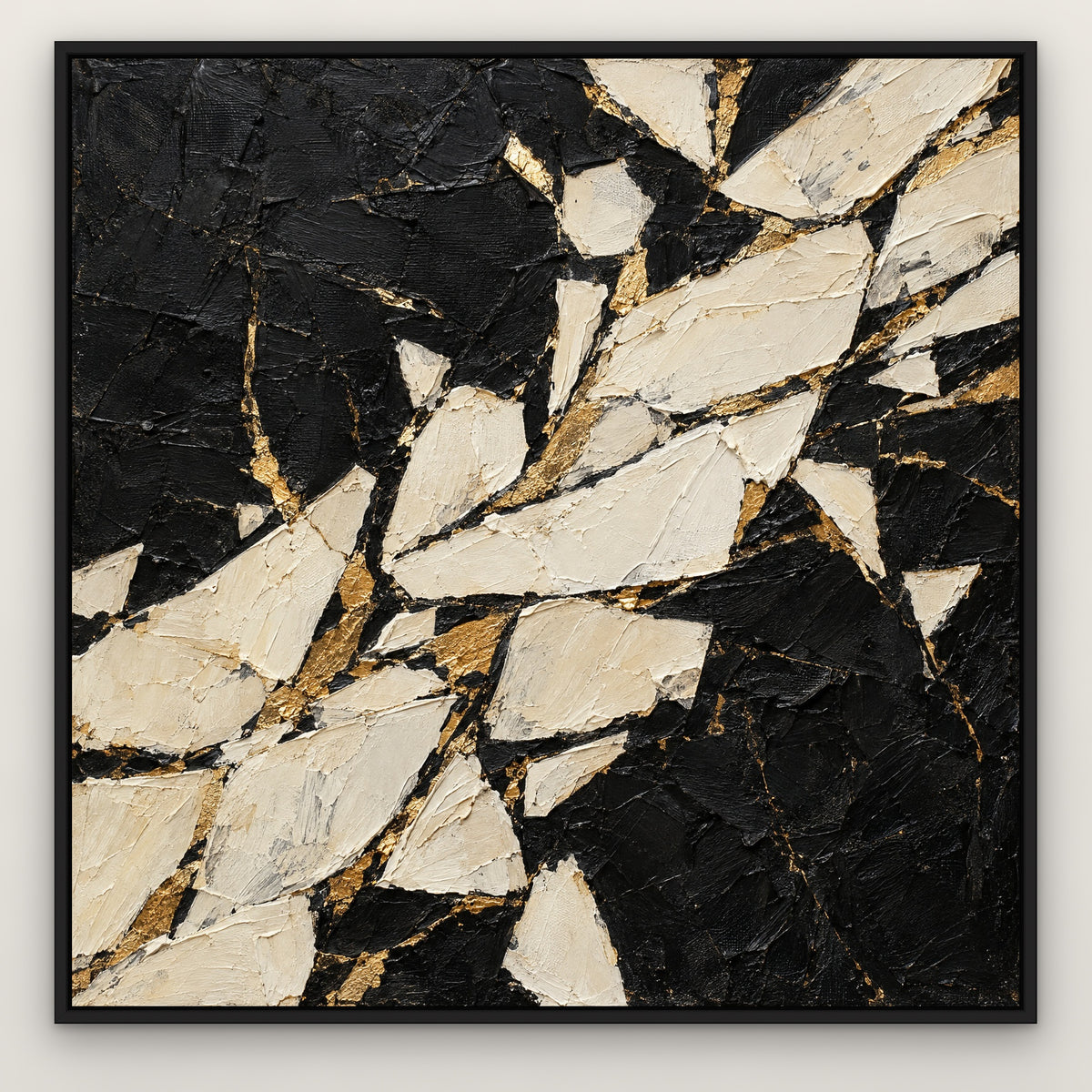 Ivory Shards on Black, gold abstract hand-painted canvas wall art in a slim black float frame – Gallery 23