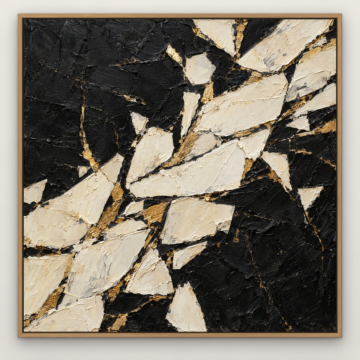 Ivory Shards on Black, gold abstract hand-painted canvas wall art in a slim oak float frame – Gallery 23