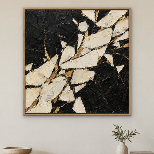 Ivory Shards on Black, gold abstract hand-painted canvas wall art in a hallway – Gallery 23