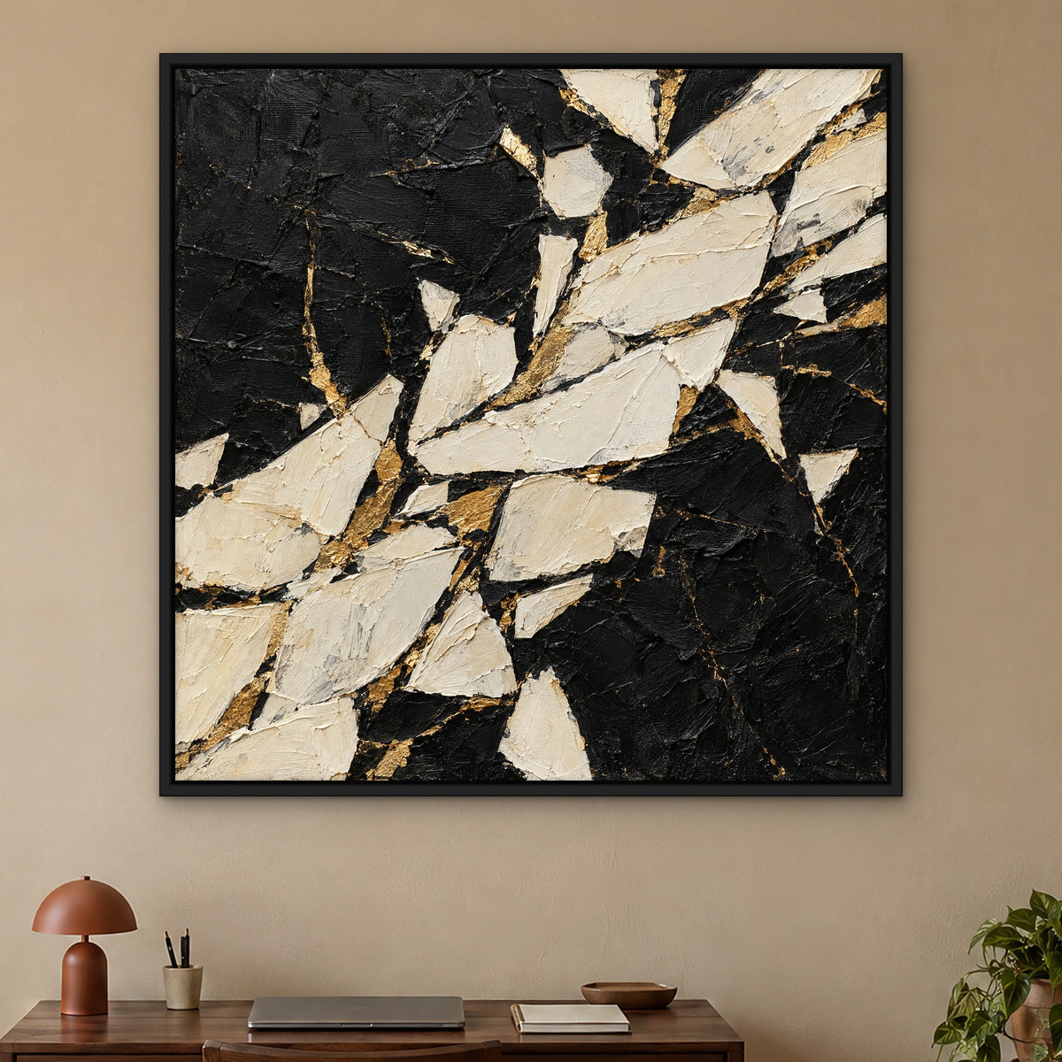 Ivory Shards on Black, gold abstract hand-painted canvas wall art in a home office – Gallery 23