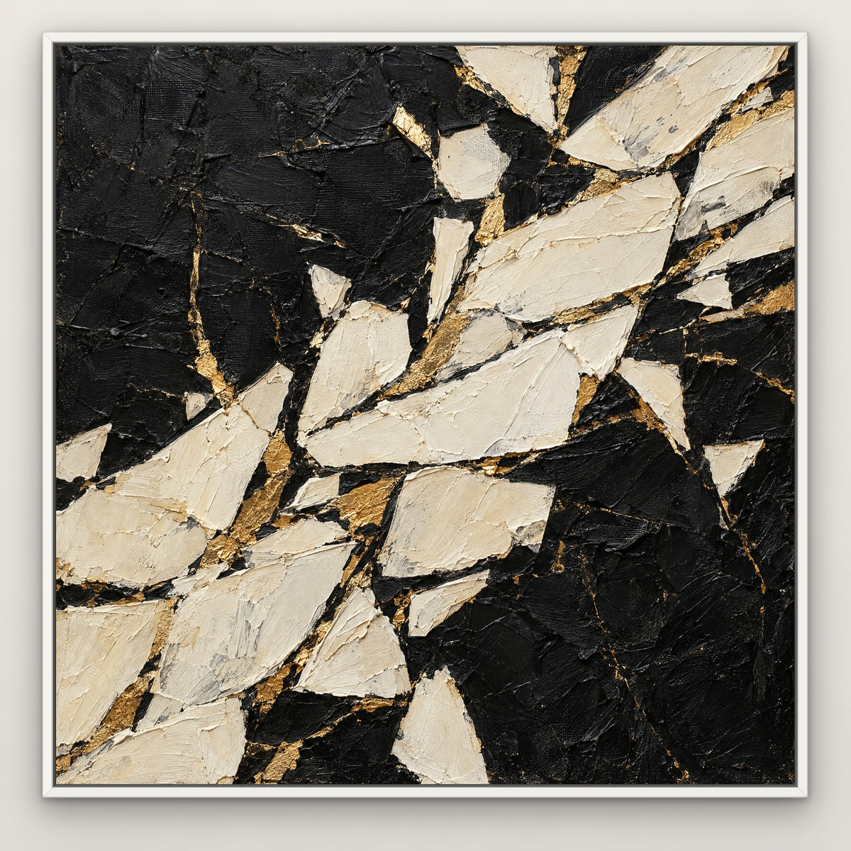 Ivory Shards on Black, gold abstract hand-painted canvas wall art in a slim white float frame – Gallery 23