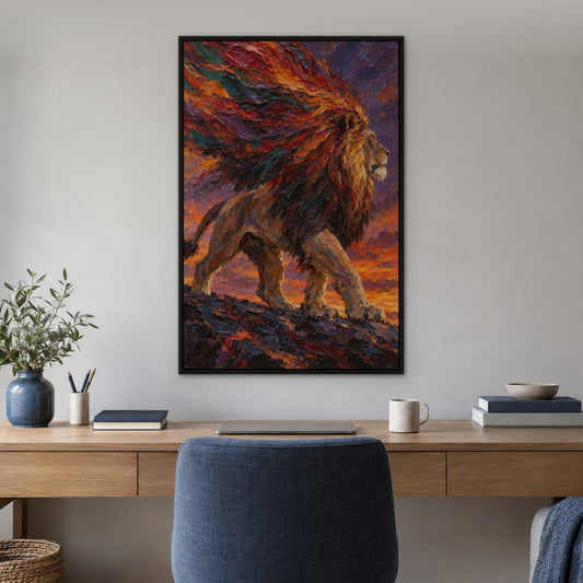 Feathered Lion Mane, colourful wildlife hand-painted canvas wall art in a home office – Gallery 23