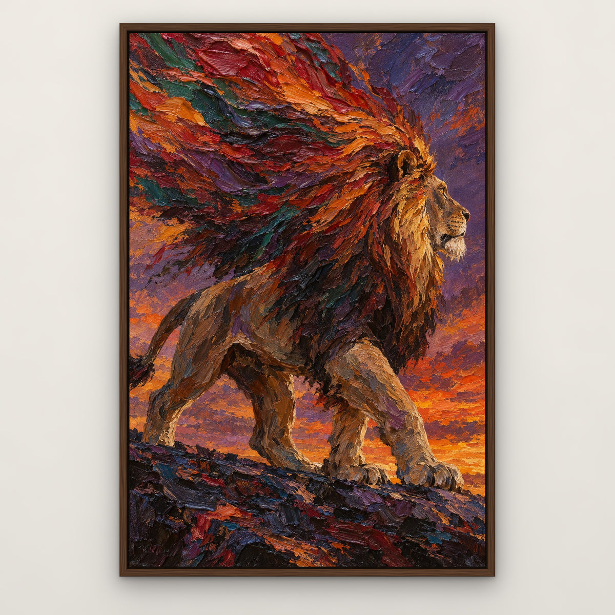Feathered Lion Mane, colourful wildlife hand-painted canvas wall art in a slim walnut float frame – Gallery 23