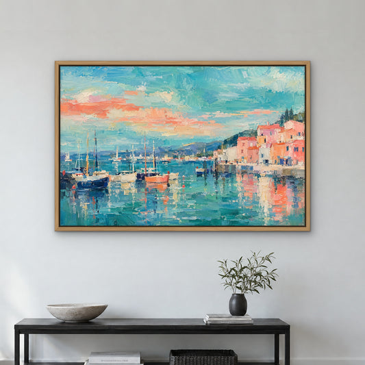 Candy Harbour, colourful abstract hand-painted canvas wall art in a hallway – Gallery 23