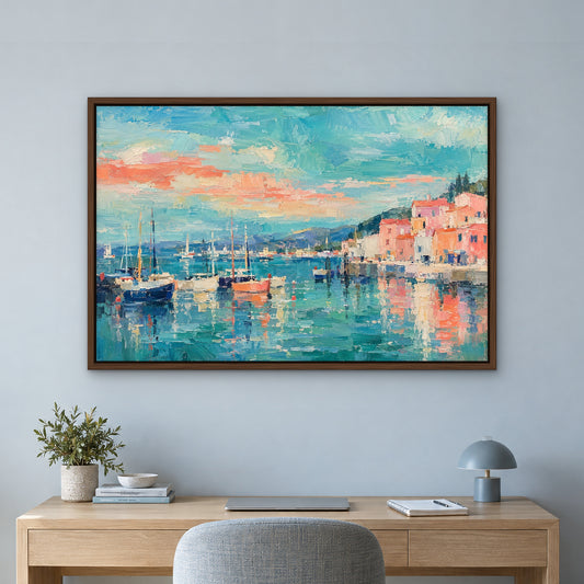 Candy Harbour, colourful abstract hand-painted canvas wall art in a home office – Gallery 23