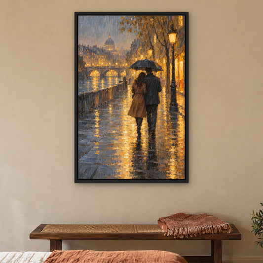 Amber Rain Embrace, orange figurative hand-painted canvas wall art in a bedroom – Gallery 23