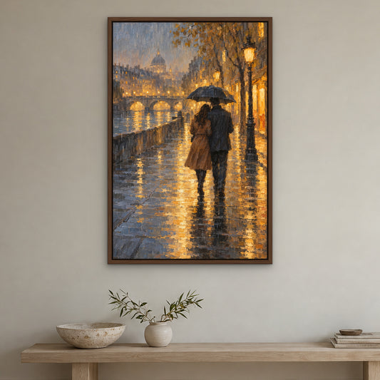 Amber Rain Embrace, orange figurative hand-painted canvas wall art in a hallway – Gallery 23