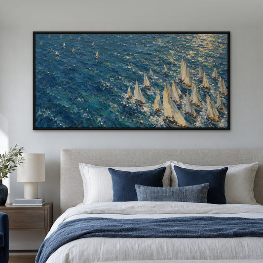 Fleet at Sea, blue seascape hand-painted canvas wall art in a bedroom – Gallery 23