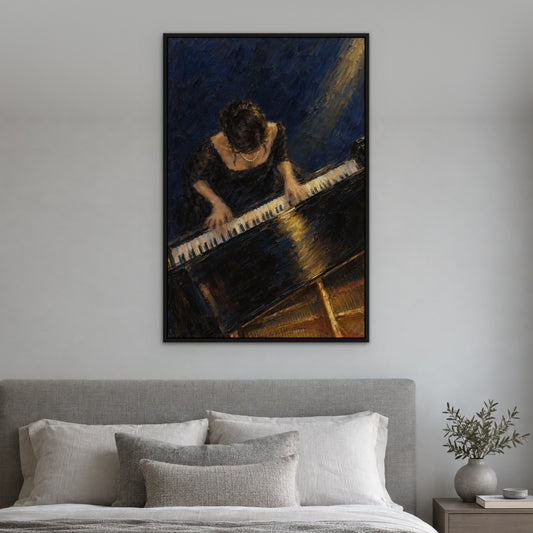 Pearl Necklace Pianist, blue figurative hand-painted canvas wall art in a bedroom – Gallery 23