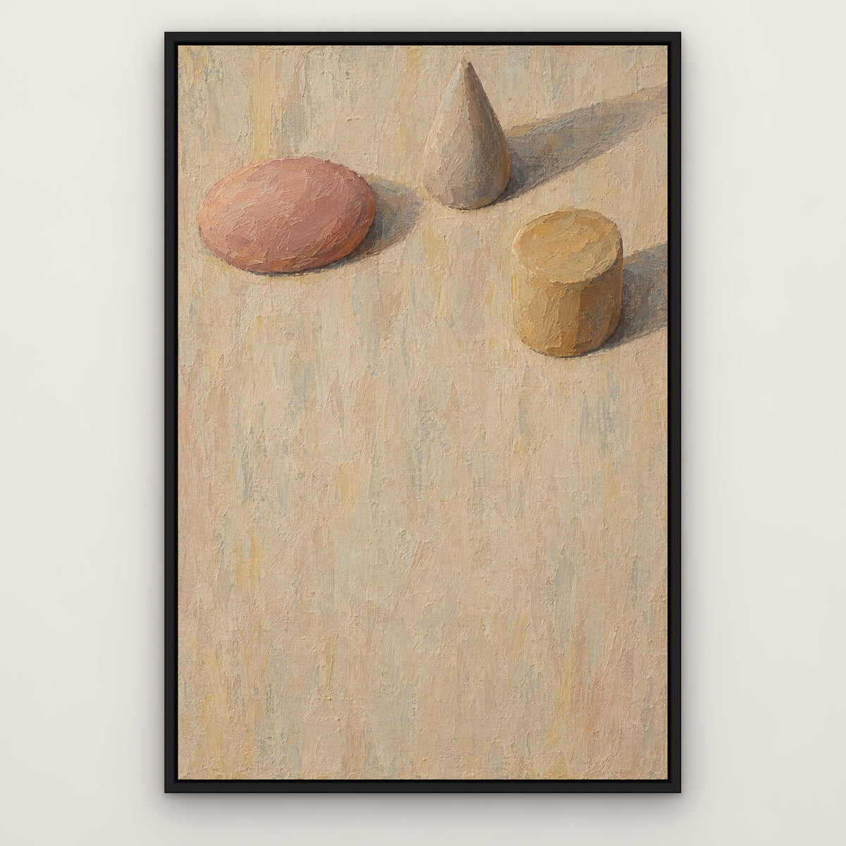 Clay Shapes Study, brown abstract hand-painted canvas wall art in a slim black float frame – Gallery 23