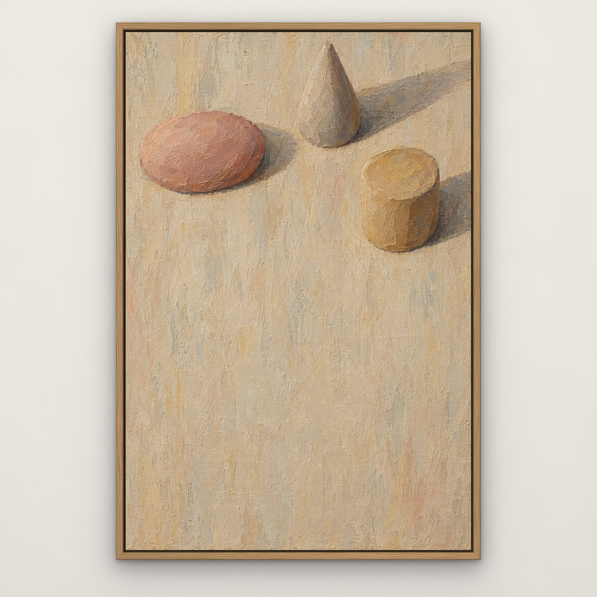 Clay Shapes Study, brown abstract hand-painted canvas wall art in a slim oak float frame – Gallery 23