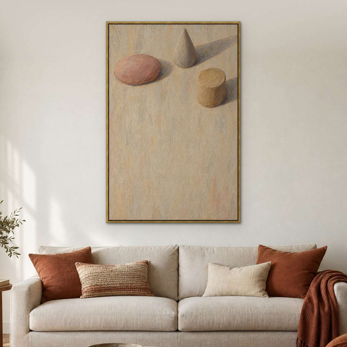 Clay Shapes Study, brown abstract hand-painted canvas wall art in a living room – Gallery 23
