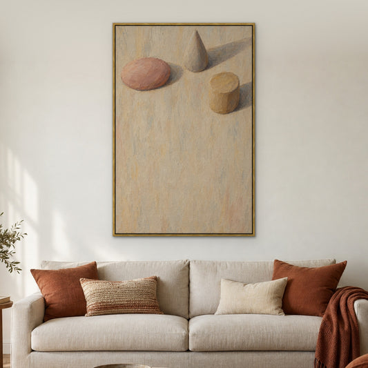 Clay Shapes Study, brown abstract hand-painted canvas wall art in a living room – Gallery 23