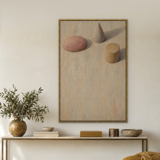 Clay Shapes Study, brown abstract hand-painted canvas wall art in a hallway – Gallery 23