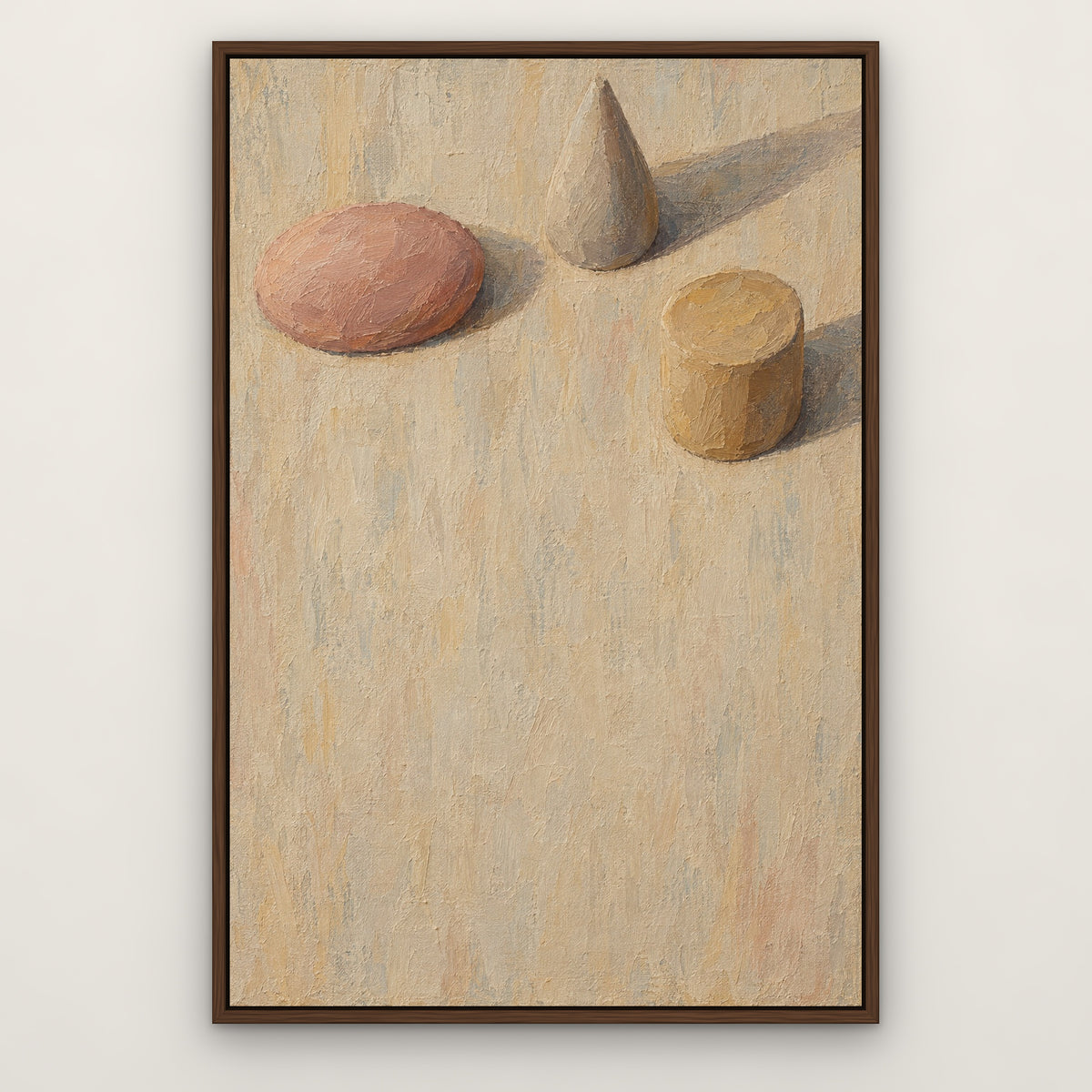 Clay Shapes Study, brown abstract hand-painted canvas wall art in a slim walnut float frame – Gallery 23