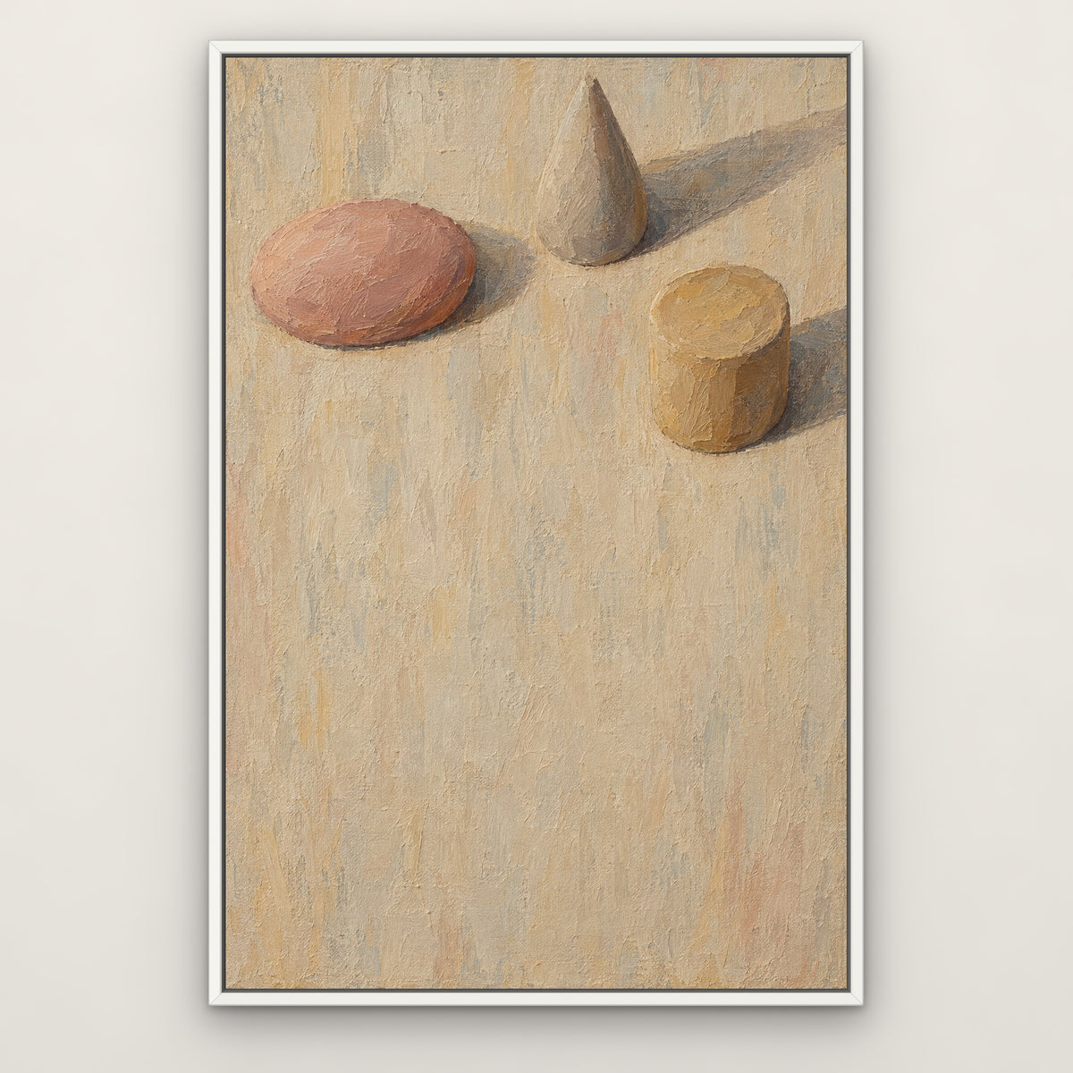 Clay Shapes Study, brown abstract hand-painted canvas wall art in a slim white float frame – Gallery 23