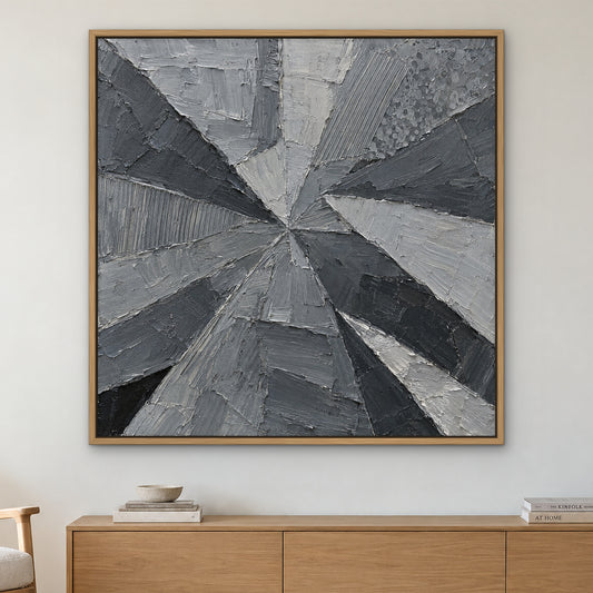 Grey Angles, black and white abstract hand-painted canvas wall art in a living room – Gallery 23