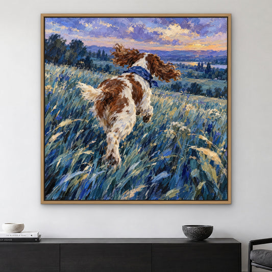 Spaniel in Blue, colourful animal hand-painted canvas wall art in a living room – Gallery 23