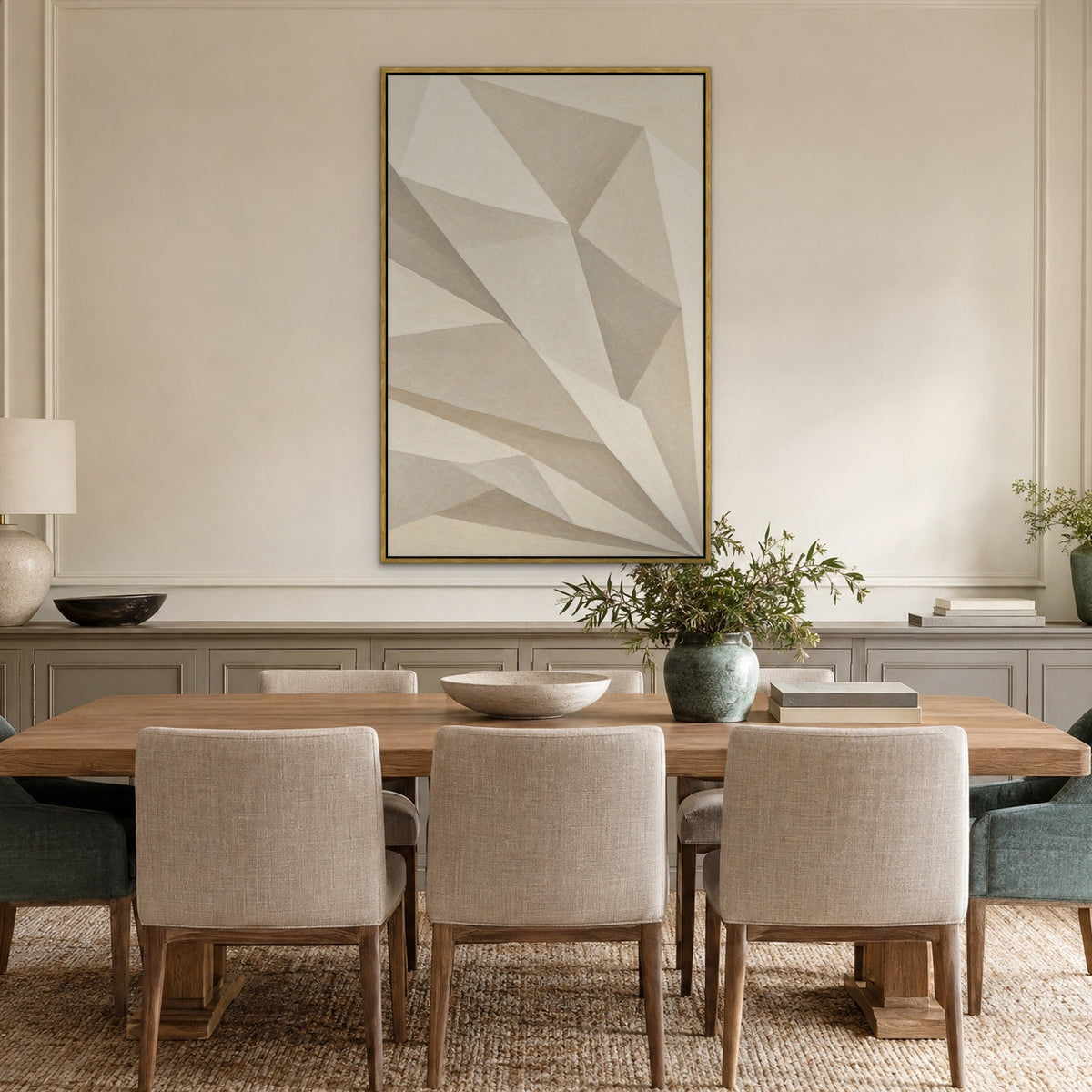 White Folded Planes, black and white abstract hand-painted canvas wall art in a dining room – Gallery 23