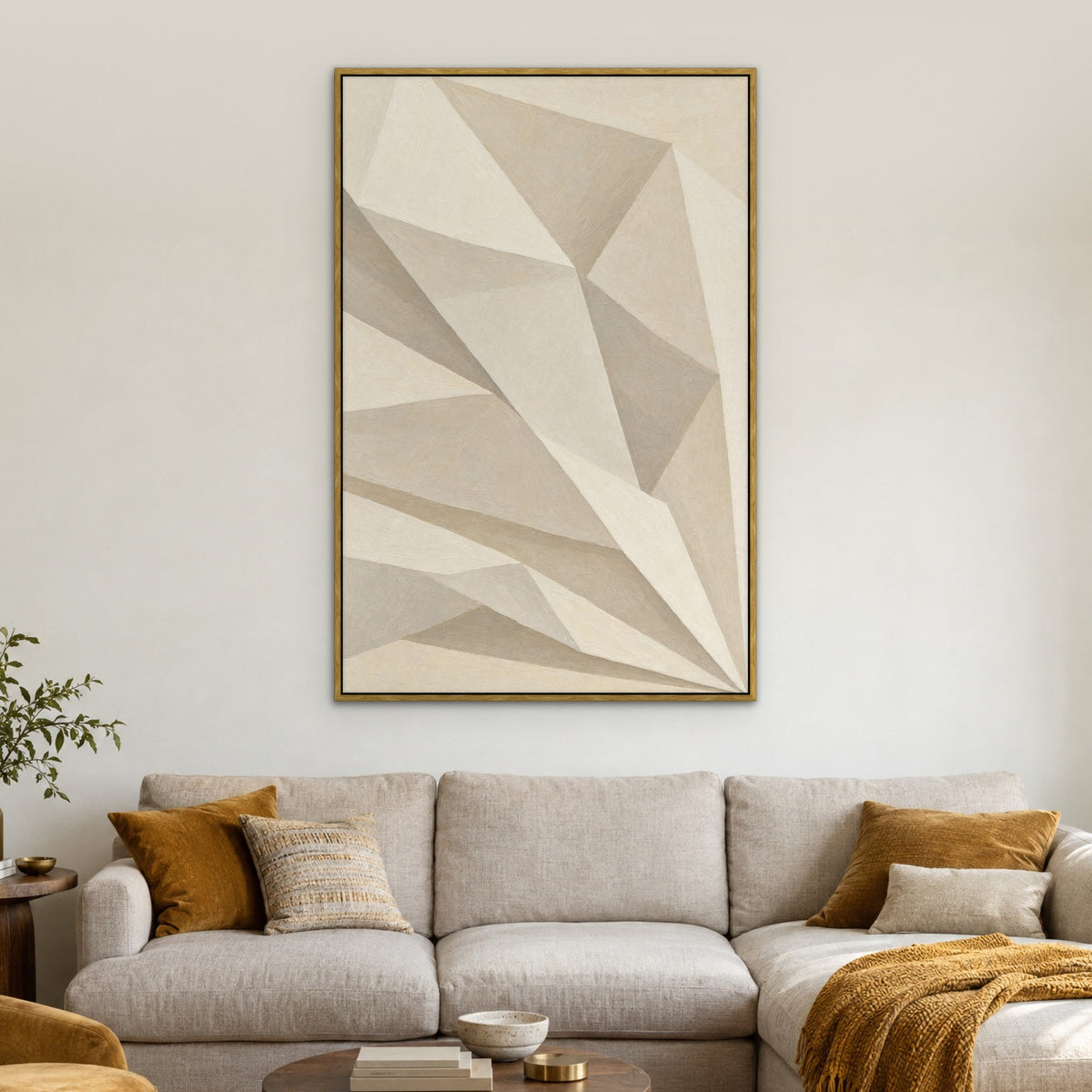 White Folded Planes, black and white abstract hand-painted canvas wall art in a living room – Gallery 23