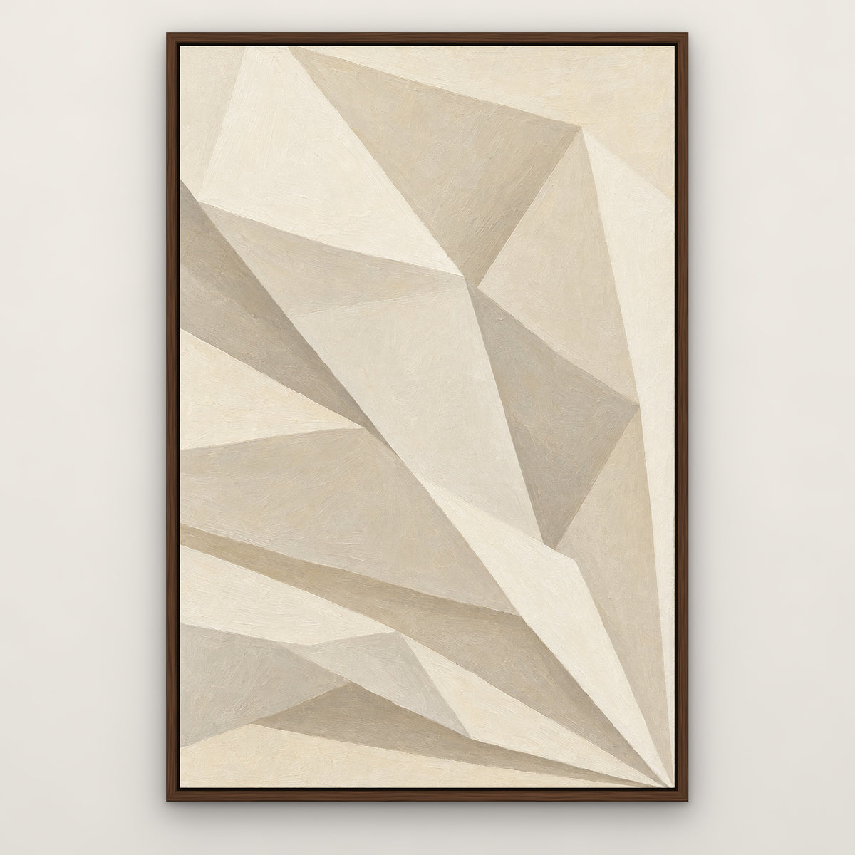 White Folded Planes, black and white abstract hand-painted canvas wall art in a slim walnut float frame – Gallery 23