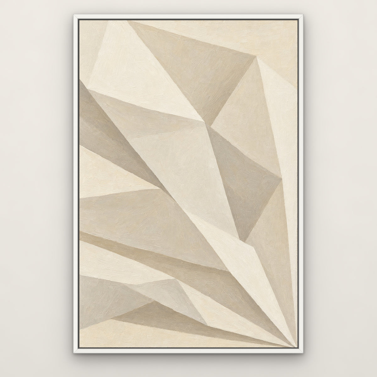 White Folded Planes, black and white abstract hand-painted canvas wall art in a slim white float frame – Gallery 23
