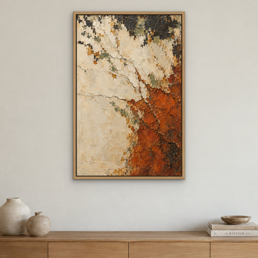 Rust and Bone Drip, black and white abstract hand-painted canvas wall art in a dining room – Gallery 23