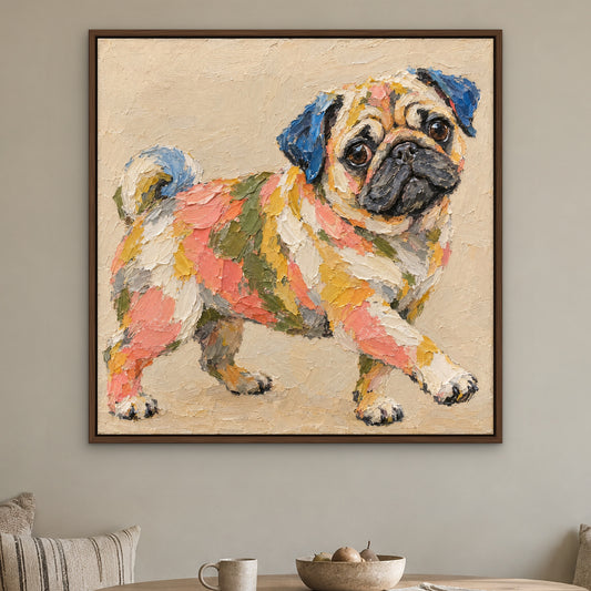 Patchwork Pug, colourful pop art hand-painted canvas wall art in a kitchen nook – Gallery 23