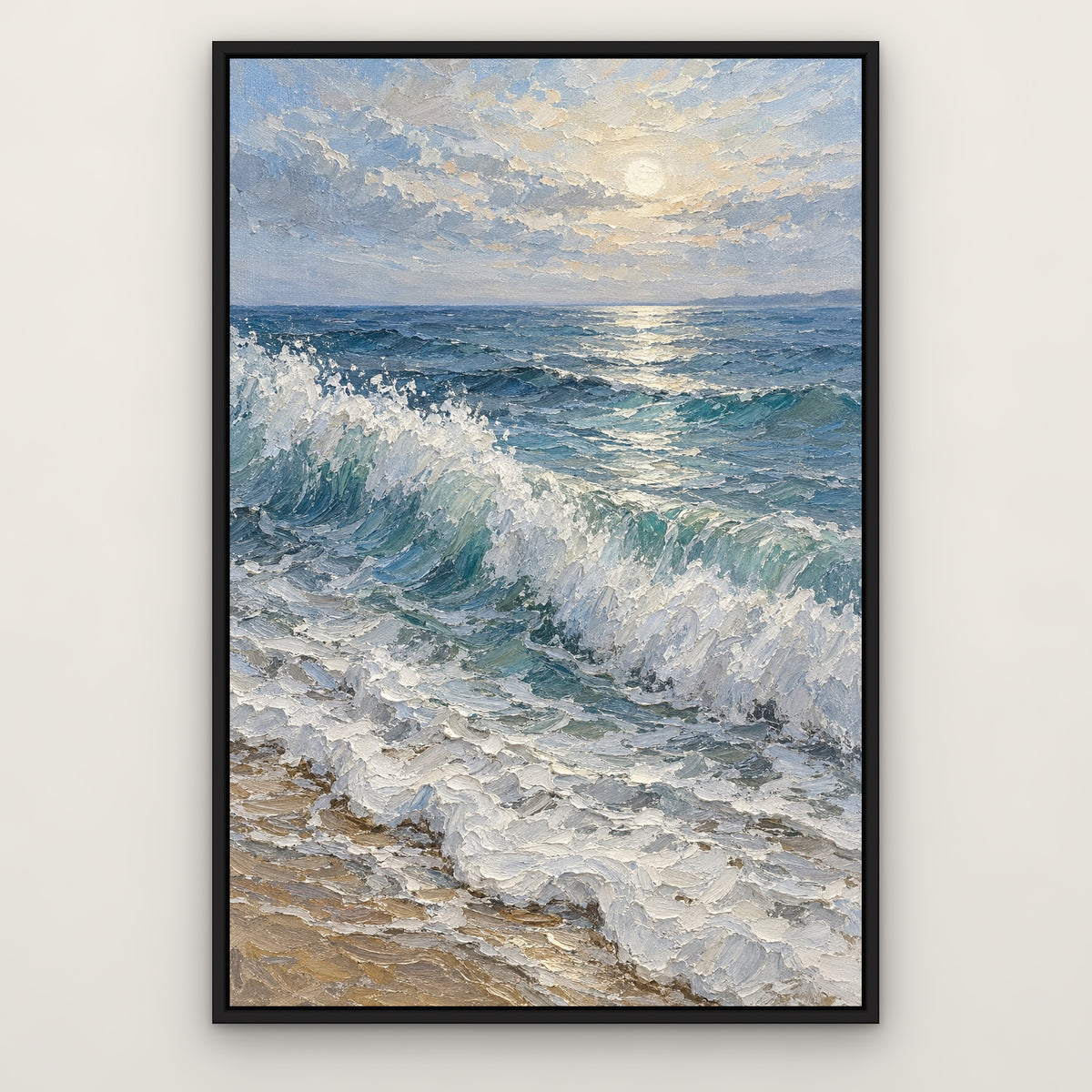 Blue Morning Surf, grey seascape hand-painted canvas wall art in a slim black float frame – Gallery 23