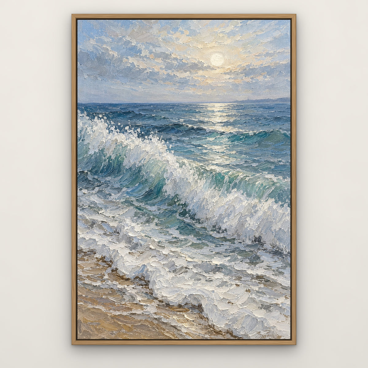 Blue Morning Surf, grey seascape hand-painted canvas wall art in a slim oak float frame – Gallery 23