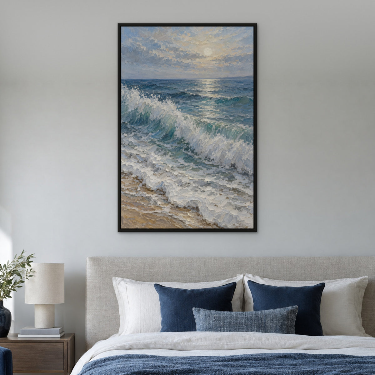 Blue Morning Surf, grey seascape hand-painted canvas wall art in a bedroom – Gallery 23