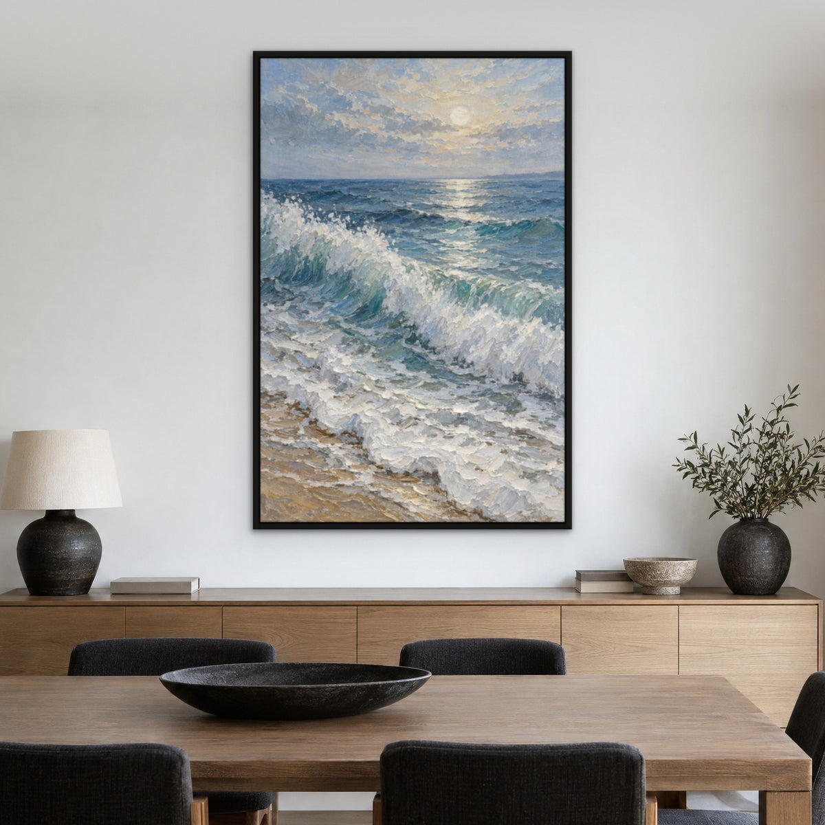 Blue Morning Surf, grey seascape hand-painted canvas wall art in a dining room – Gallery 23
