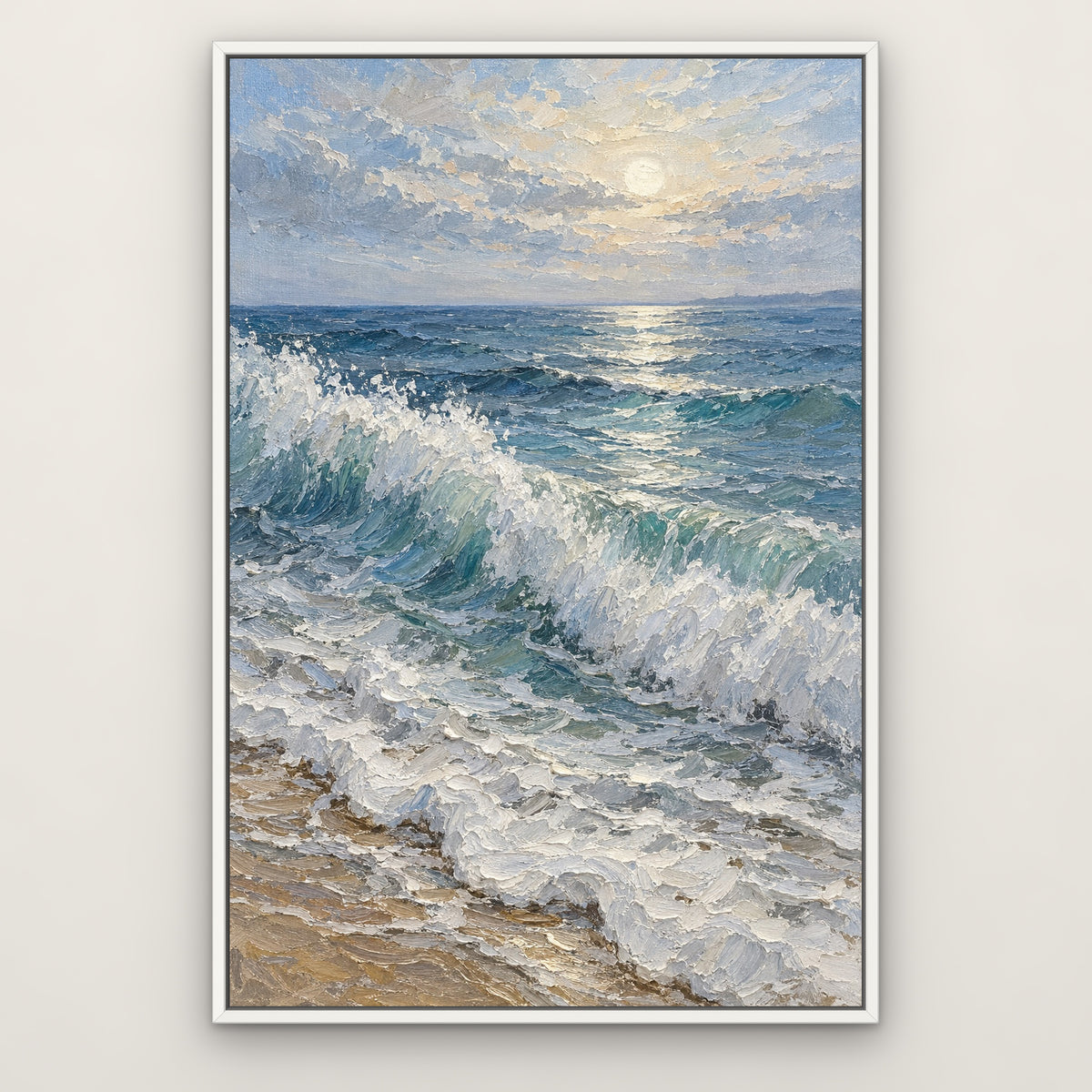 Blue Morning Surf, grey seascape hand-painted canvas wall art in a slim white float frame – Gallery 23