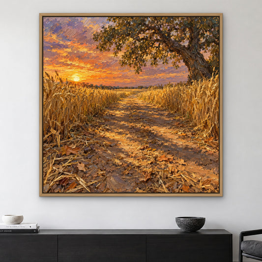 Golden Country Lane, orange landscape hand-painted canvas wall art in a living room – Gallery 23