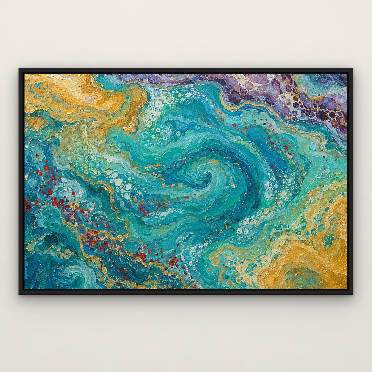 Lagoon Marble, teal abstract hand-painted canvas wall art in a slim black float frame – Gallery 23
