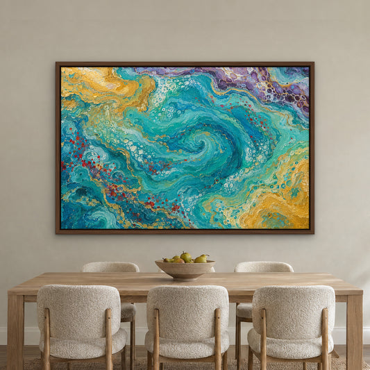Lagoon Marble, teal abstract hand-painted canvas wall art in a dining room – Gallery 23