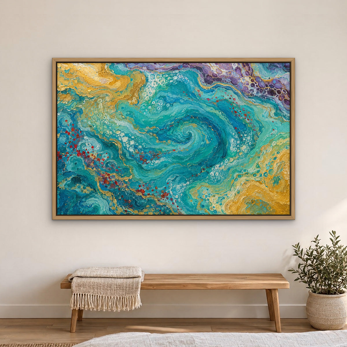 Lagoon Marble, teal abstract hand-painted canvas wall art in a bedroom – Gallery 23