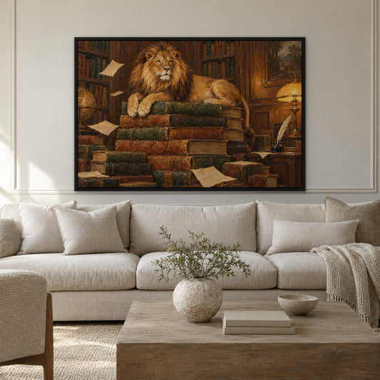 Lion of Words, gold wildlife hand-painted canvas wall art in a living room – Gallery 23