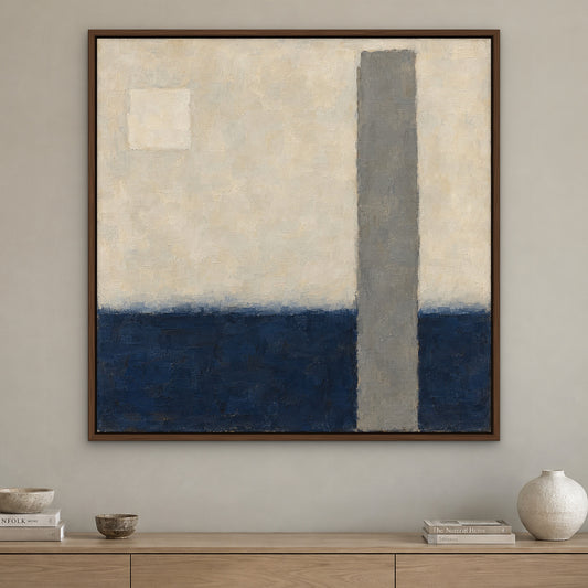 Navy and Stone, blue abstract hand-painted canvas wall art in a living room – Gallery 23