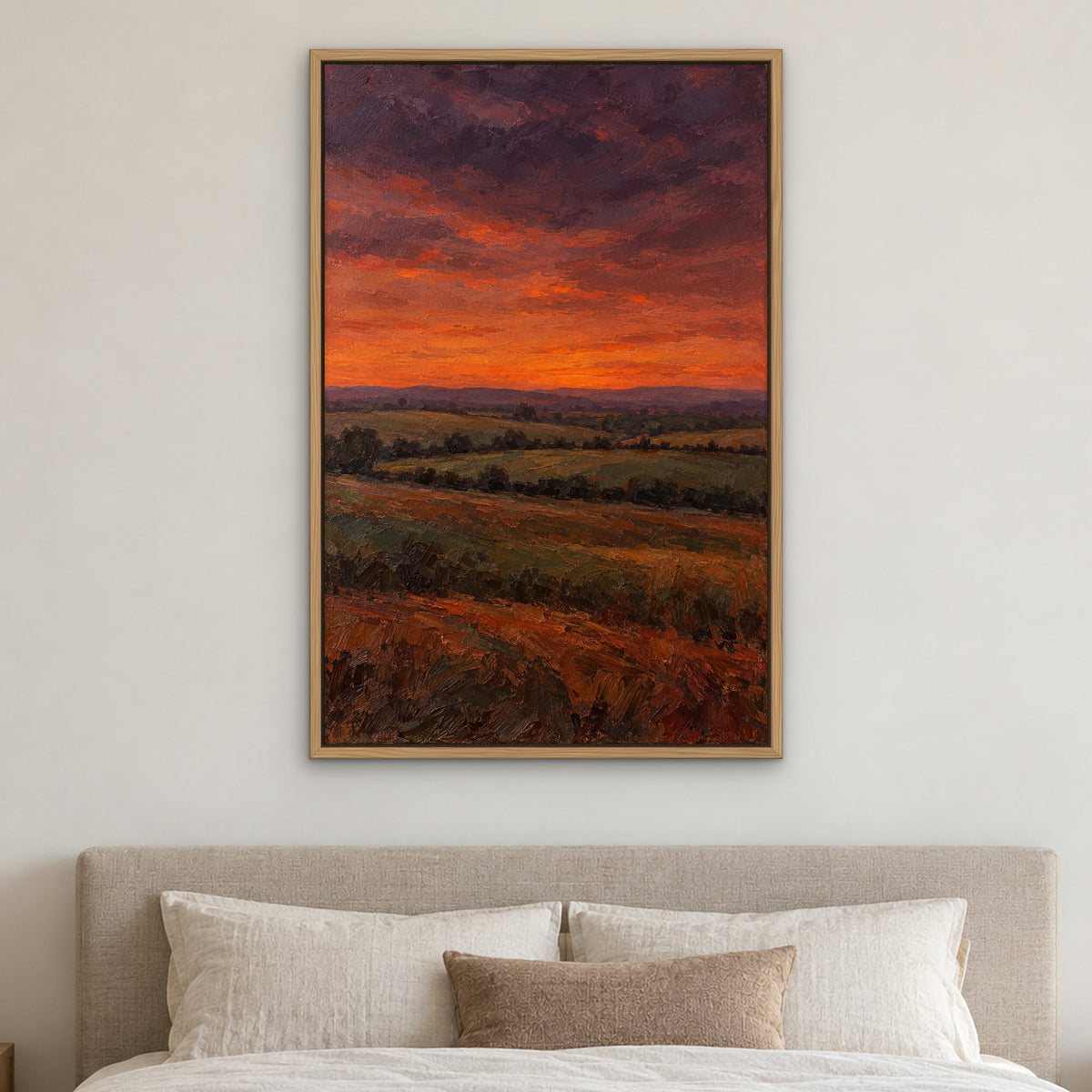 Plum and Ember Fields, orange abstract hand-painted canvas wall art in a bedroom – Gallery 23