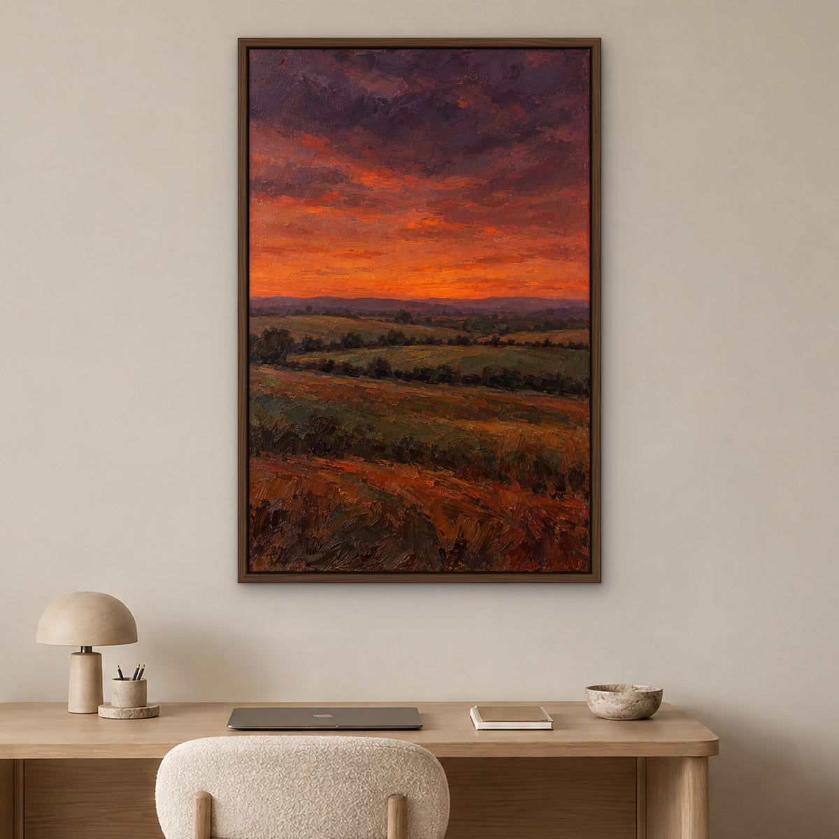 Plum and Ember Fields, orange abstract hand-painted canvas wall art in a home office – Gallery 23