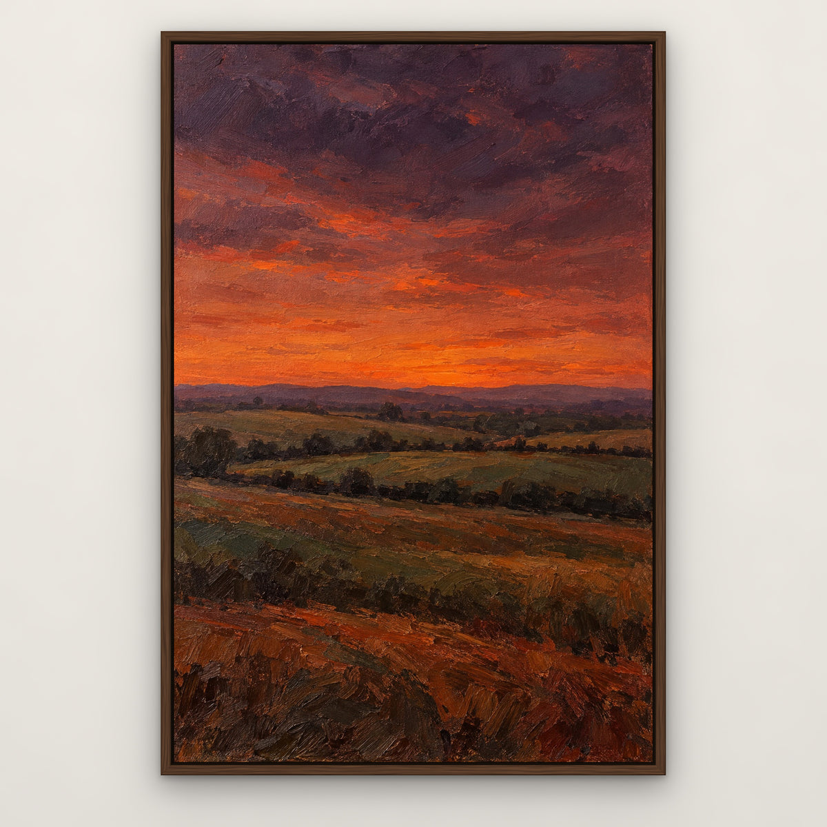 Plum and Ember Fields, orange abstract hand-painted canvas wall art in a slim walnut float frame – Gallery 23