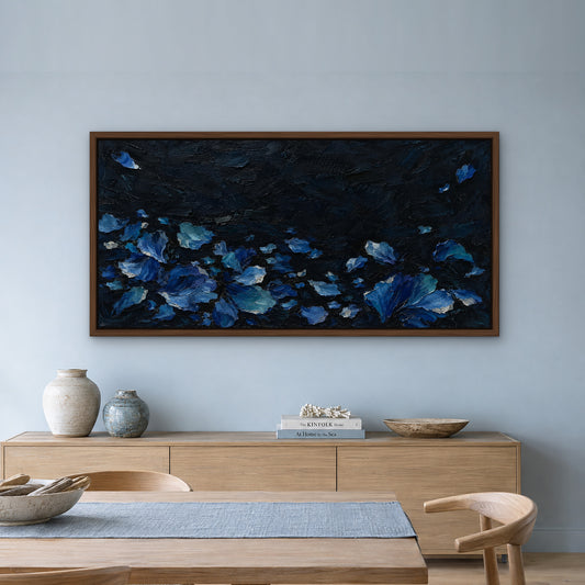 Sapphire Petals, blue floral hand-painted canvas wall art in a dining room – Gallery 23