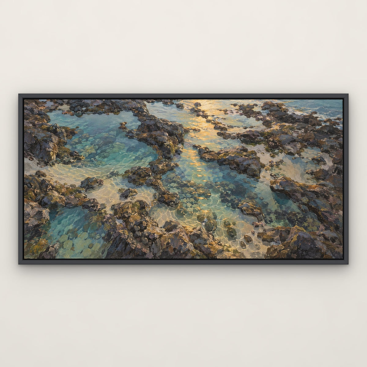 Glimmering Tide, blue seascape hand-painted canvas wall art in a slim dark grey float frame – Gallery 23